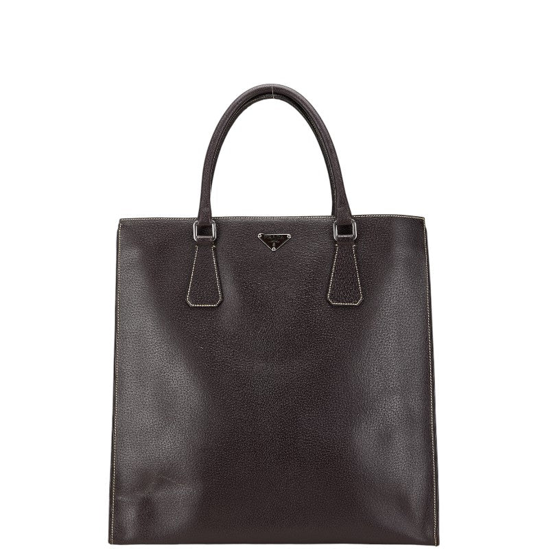 Prada Triangle Logo Plate Leather Tote Bag