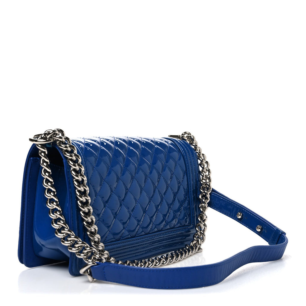 Patent Calfskin Quilted Medium Plexiglass Boy Flap Blue