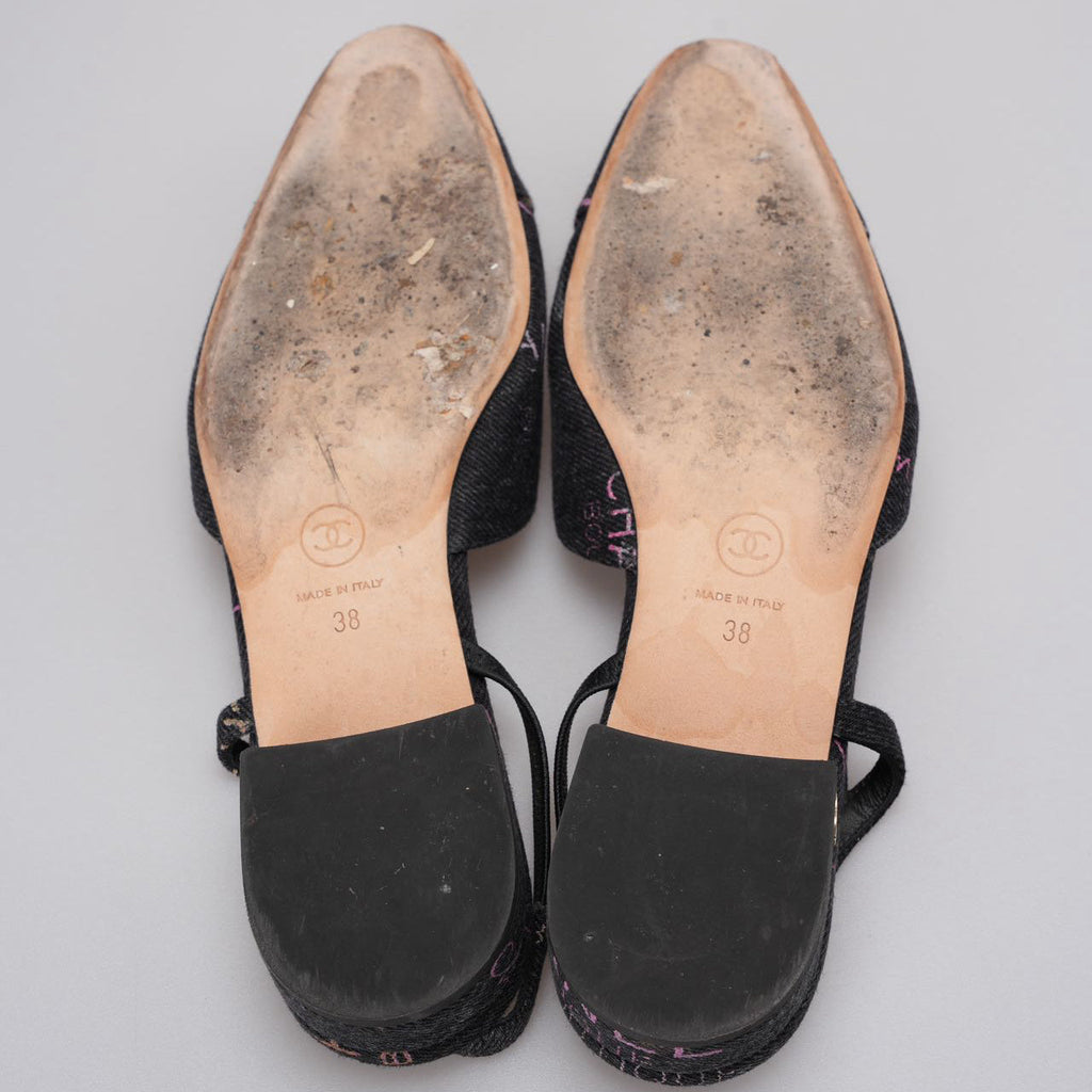 Chanel Black Denim Slingback Mademoiselle Coco Flat size 38