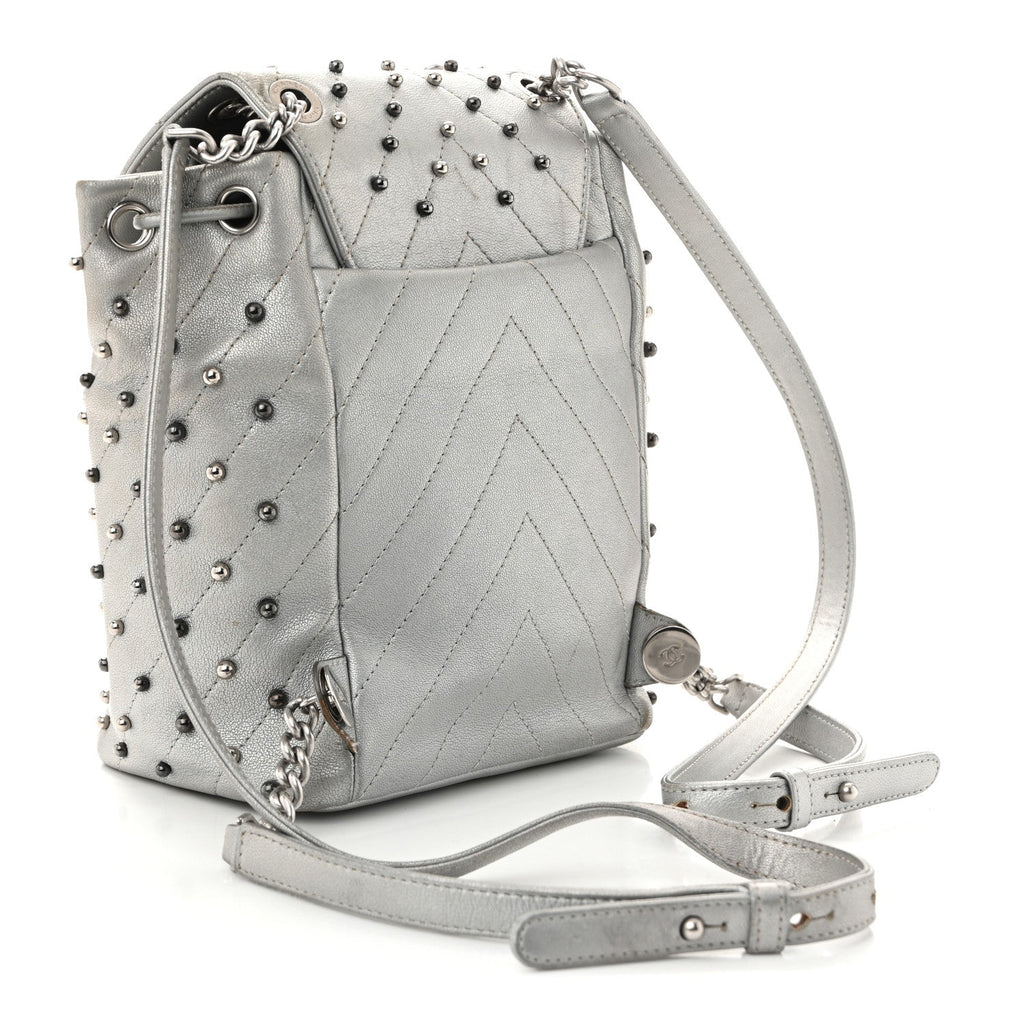 Metallic Lambskin Chevron Quilted Studded Stud Wars Backpack Silver