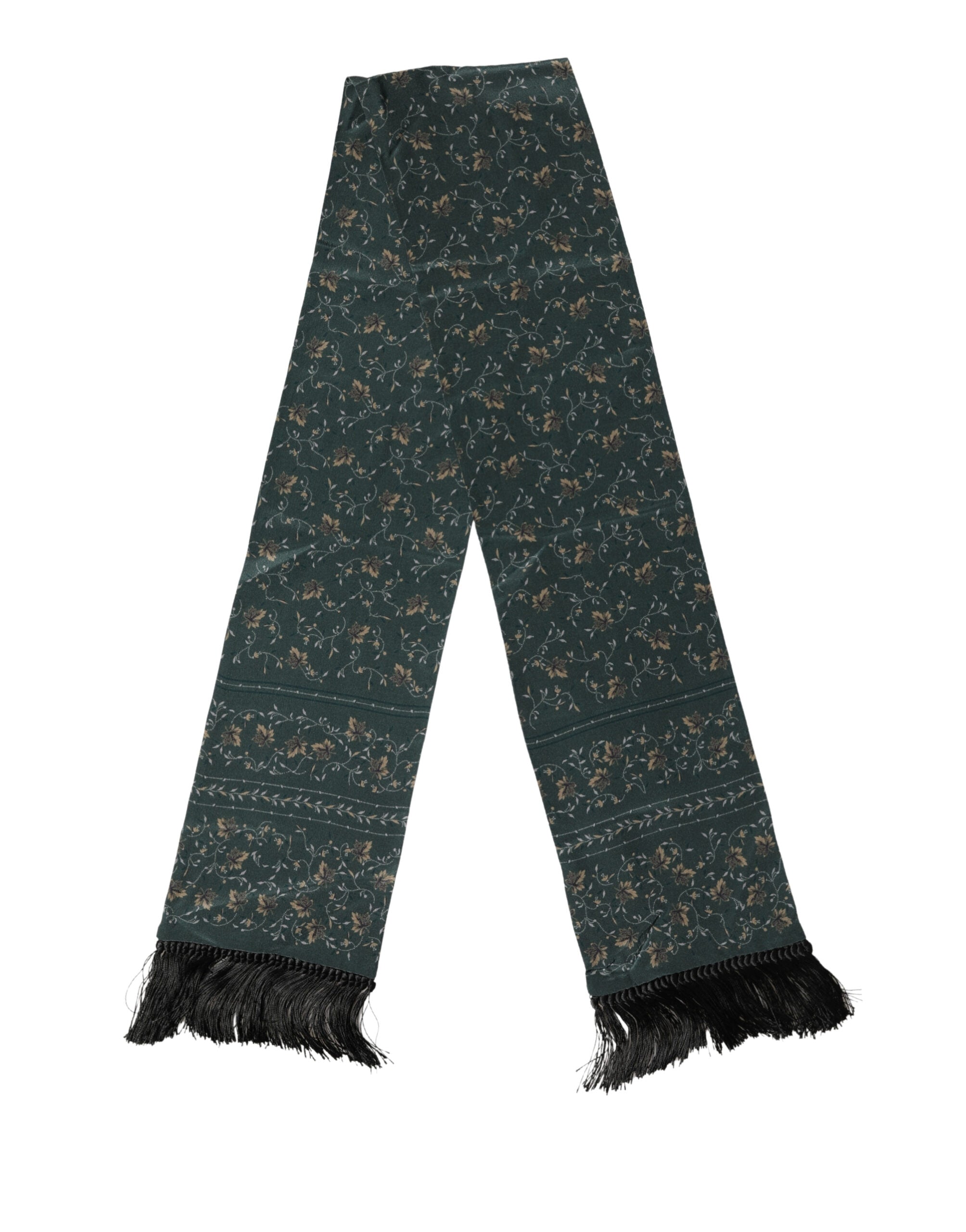 Dolce & Gabbana Green Silk Floral Pattern Fringed 135cm X 16cm  Men's Scarf