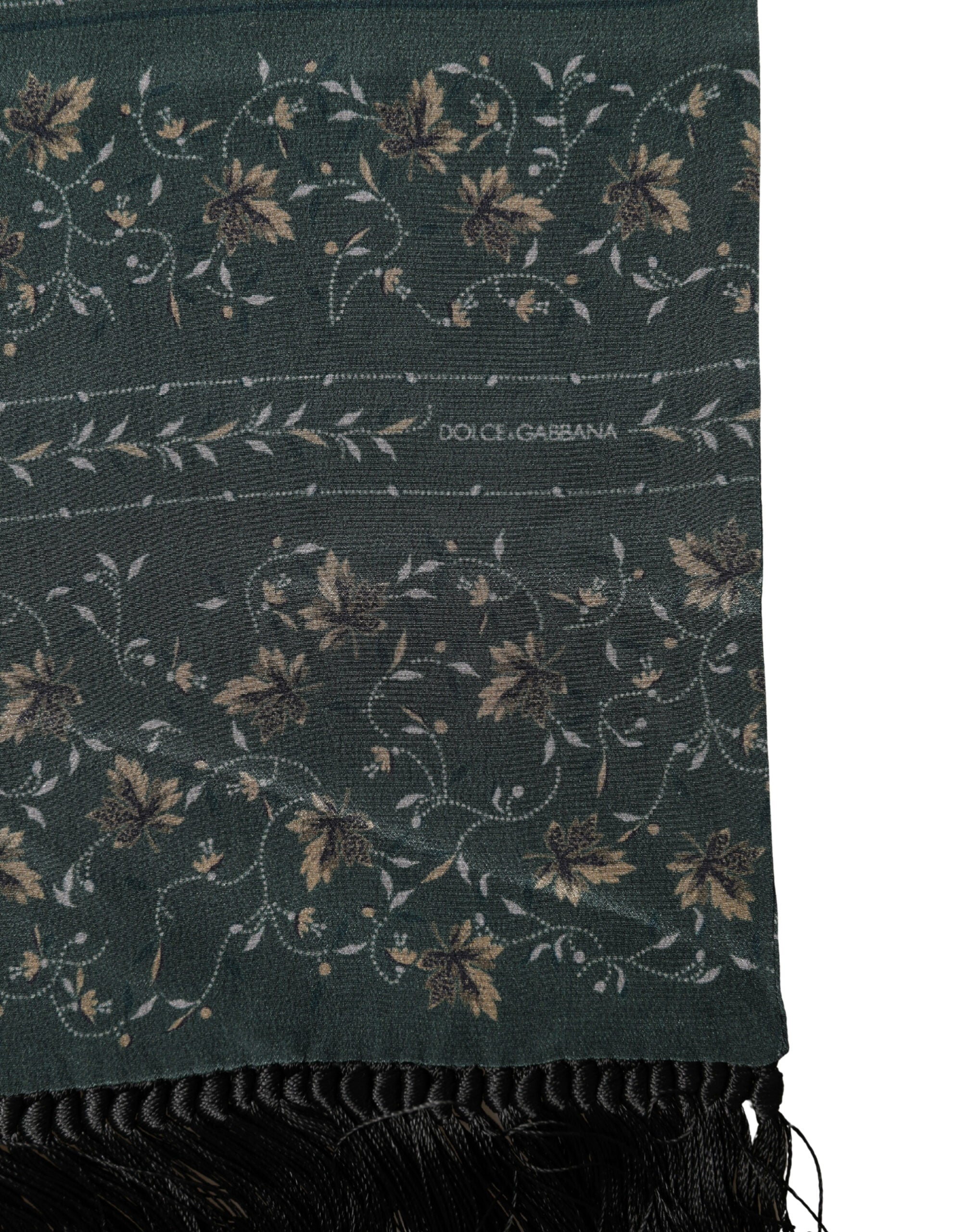 Dolce & Gabbana Green Silk Floral Pattern Fringed 135cm X 16cm  Men's Scarf