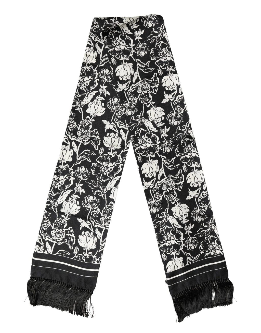 Dolce & Gabbana Black White Silk Floral Print Fringe 136cm X 15.5cm  Men's Scarf