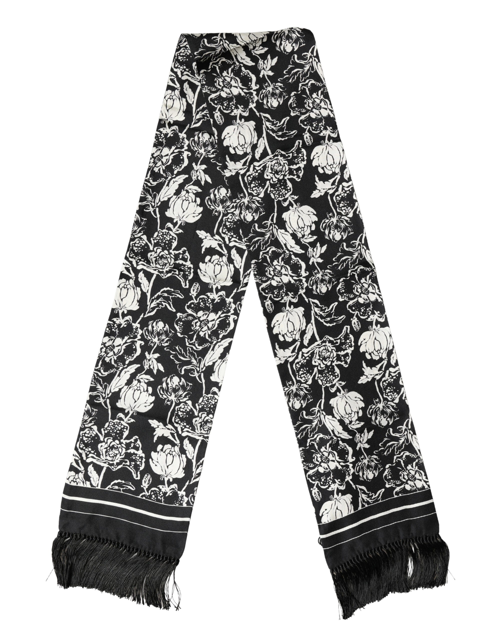 Dolce & Gabbana Black White Silk Floral Print Fringe 136cm X 15.5cm  Men's Scarf