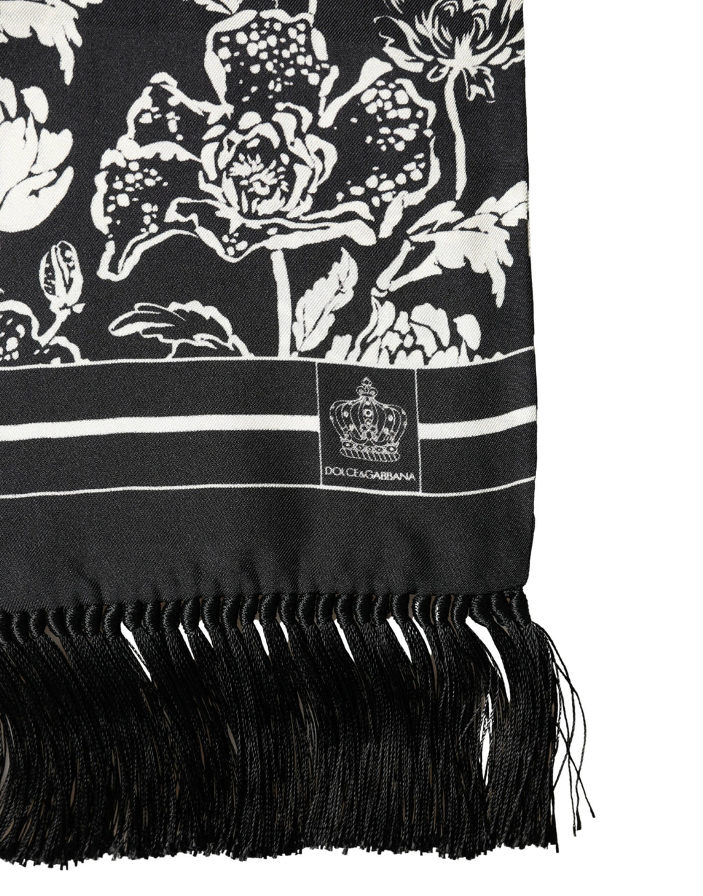 Dolce & Gabbana Black White Silk Floral Print Fringe 136cm X 15.5cm  Men's Scarf