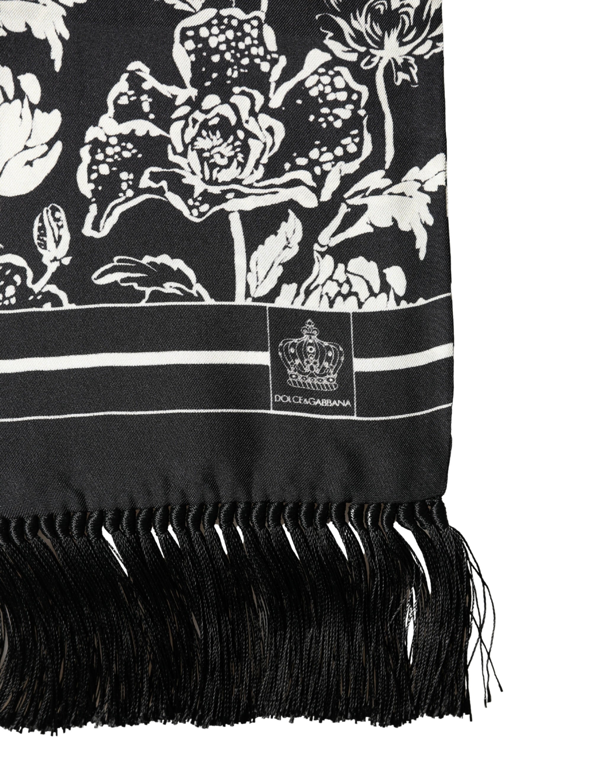 Dolce & Gabbana Black White Silk Floral Print Fringe 136cm X 15.5cm  Men's Scarf