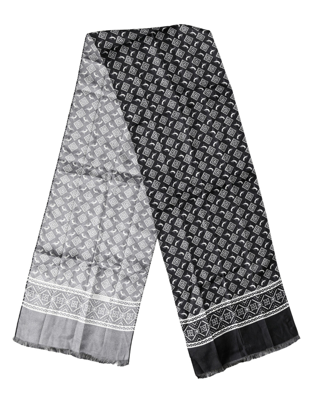 Dolce & Gabbana Black Gray Silk Bird Fringe Wrap Foulard 140cm X 23cm Men's Scarf