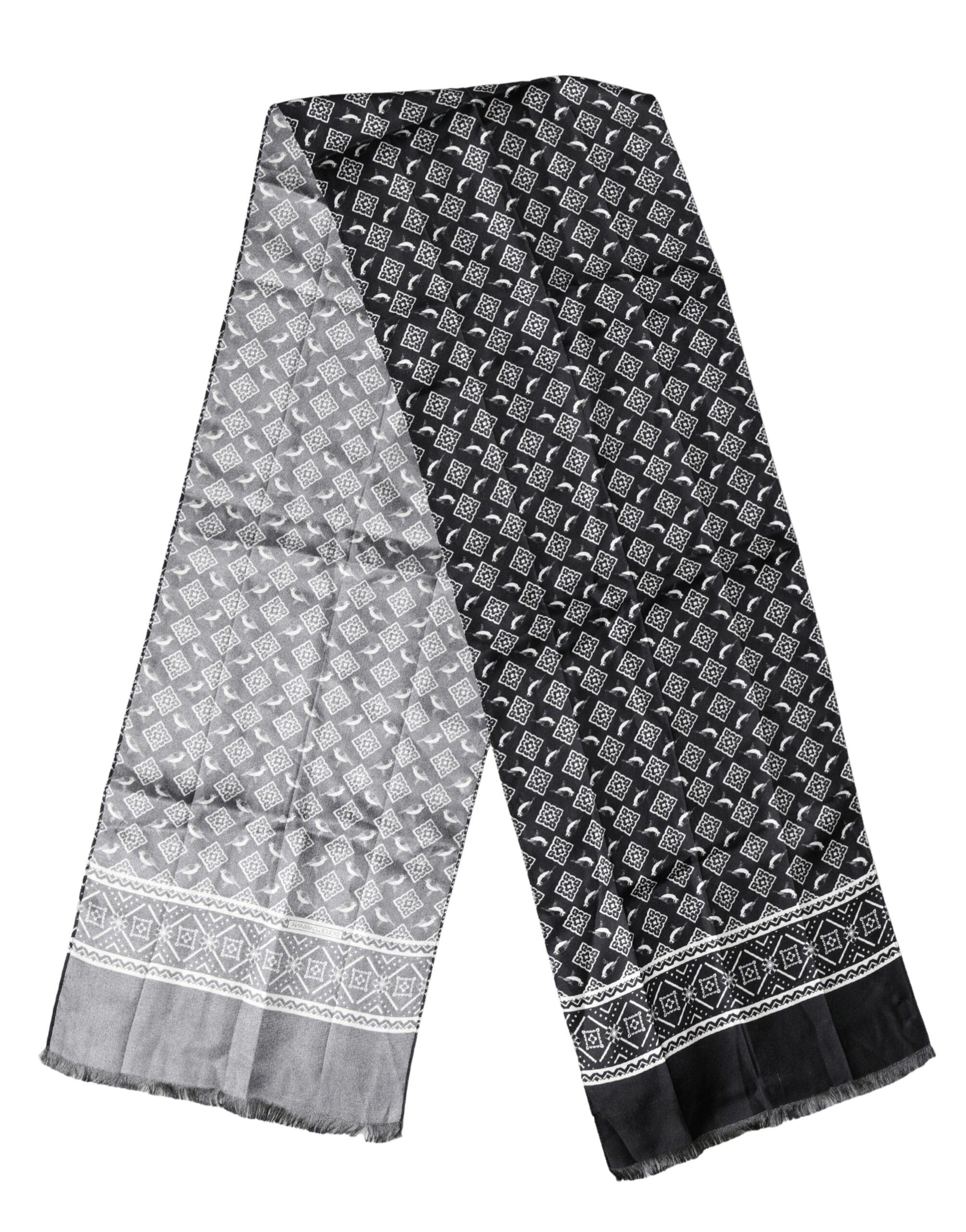 Dolce & Gabbana Black Gray Silk Bird Fringe Wrap Foulard 140cm X 23cm Men's Scarf