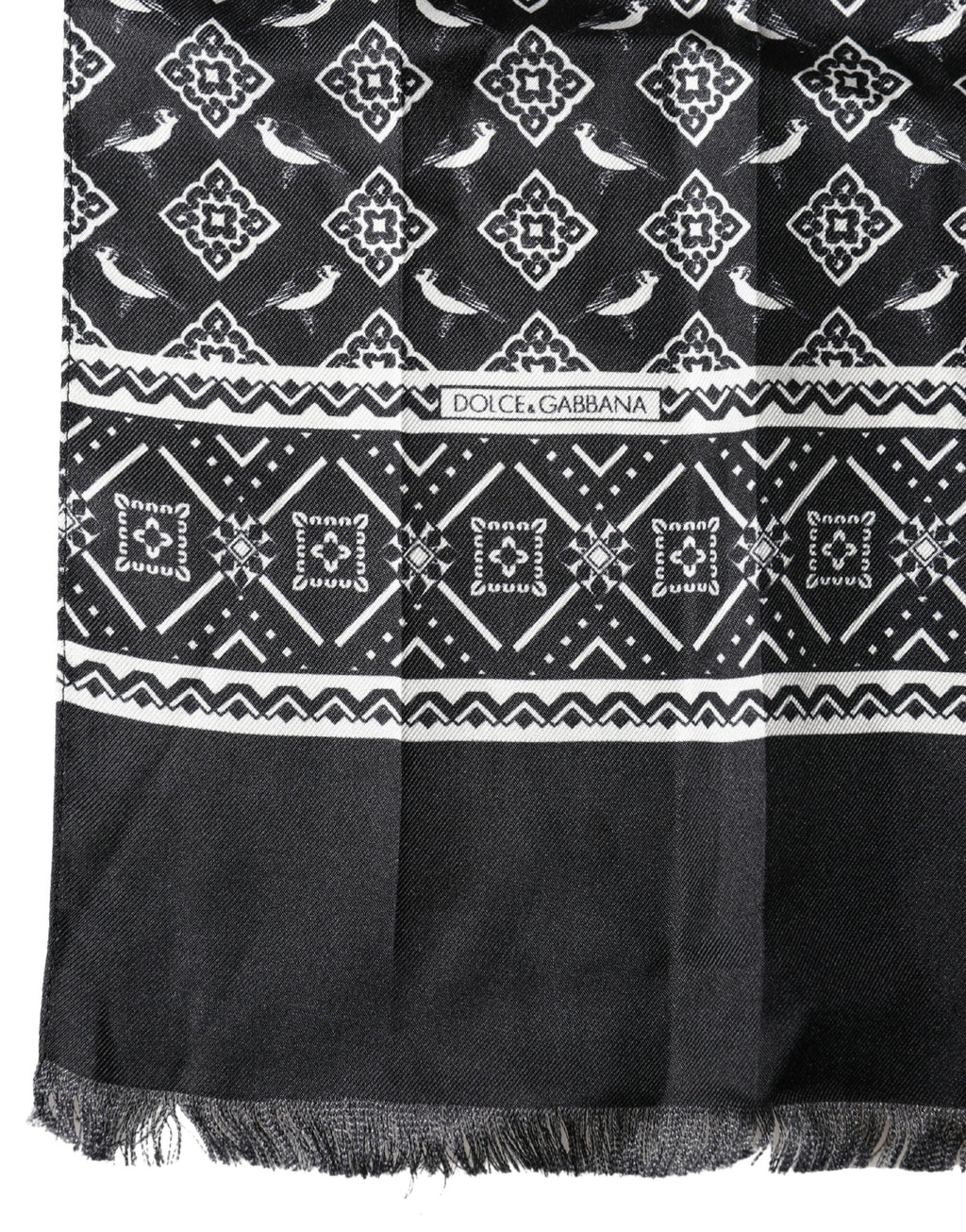 Dolce & Gabbana Black Gray Silk Bird Fringe Wrap Foulard 140cm X 23cm Men's Scarf