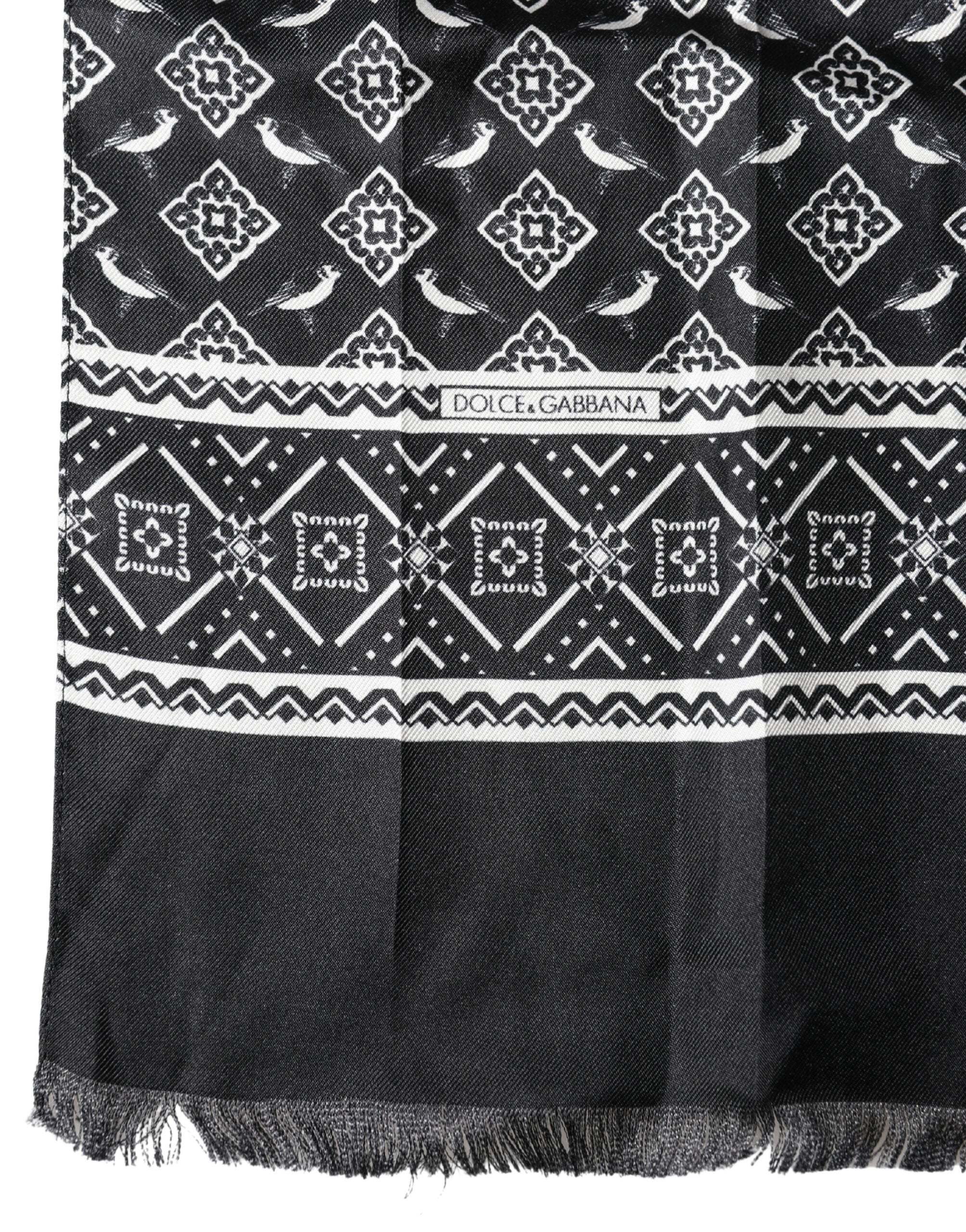Dolce & Gabbana Black Gray Silk Bird Fringe Wrap Foulard 140cm X 23cm Men's Scarf