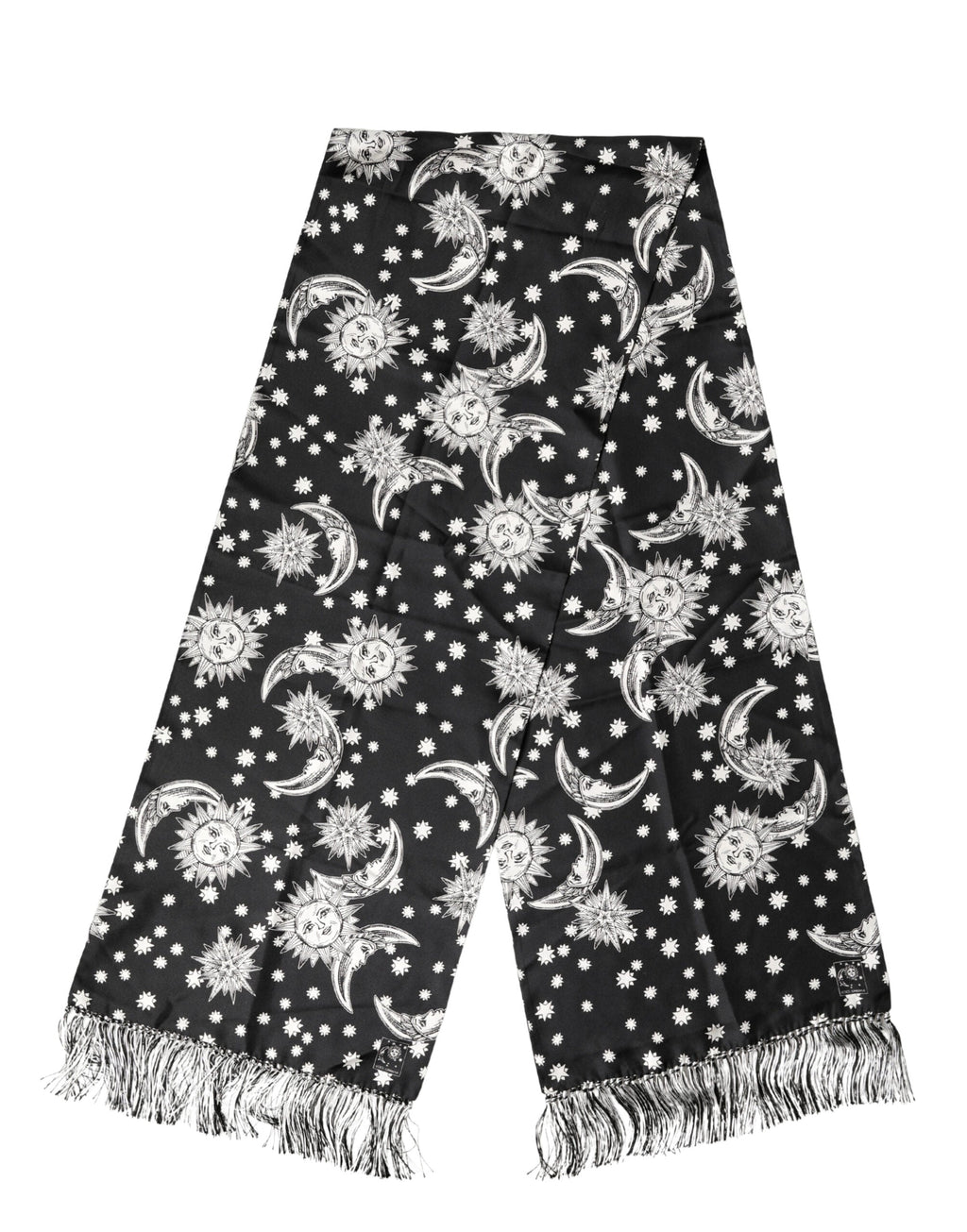 Dolce & Gabbana Black Silk Sun Moon Star Fringe Foulard 178cm X 33cm Men's Scarf