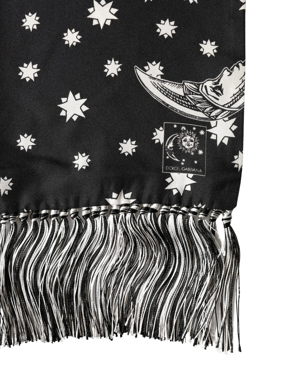 Dolce & Gabbana Black Silk Sun Moon Star Fringe Foulard 178cm X 33cm Men's Scarf