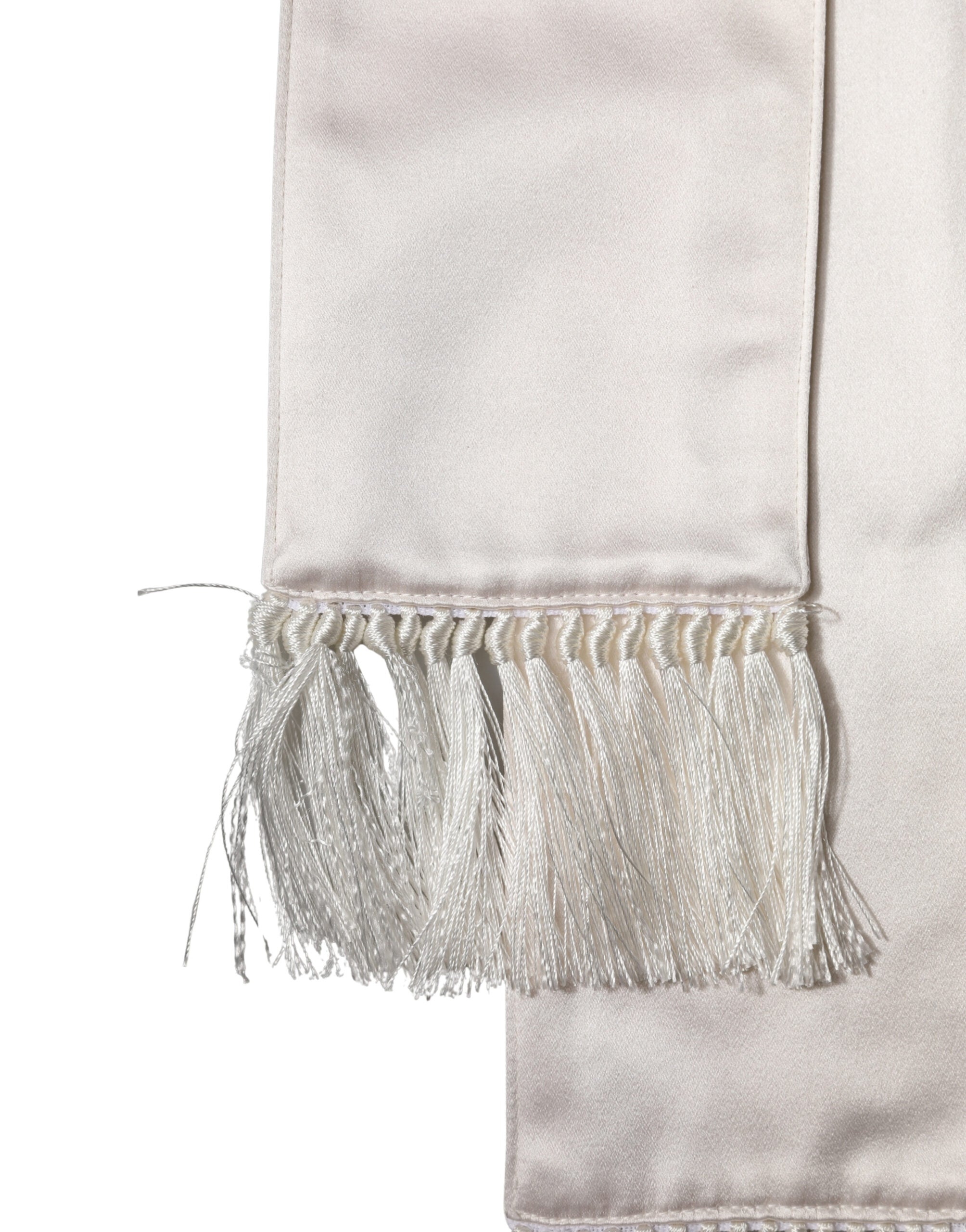 Dolce & Gabbana White Silk Satin Fringes Foulard 282cm x 10cm Men Men's Scarf