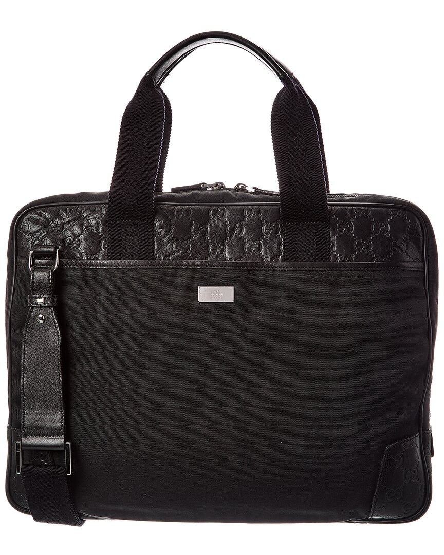 Gucci Black Calfskin Embossed & Canvas Briefcase (Authentic  )