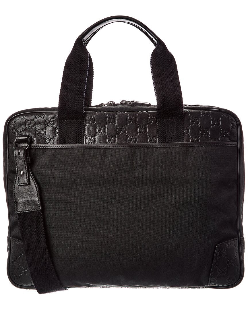 Gucci Black Calfskin Embossed & Canvas Briefcase (Authentic  )