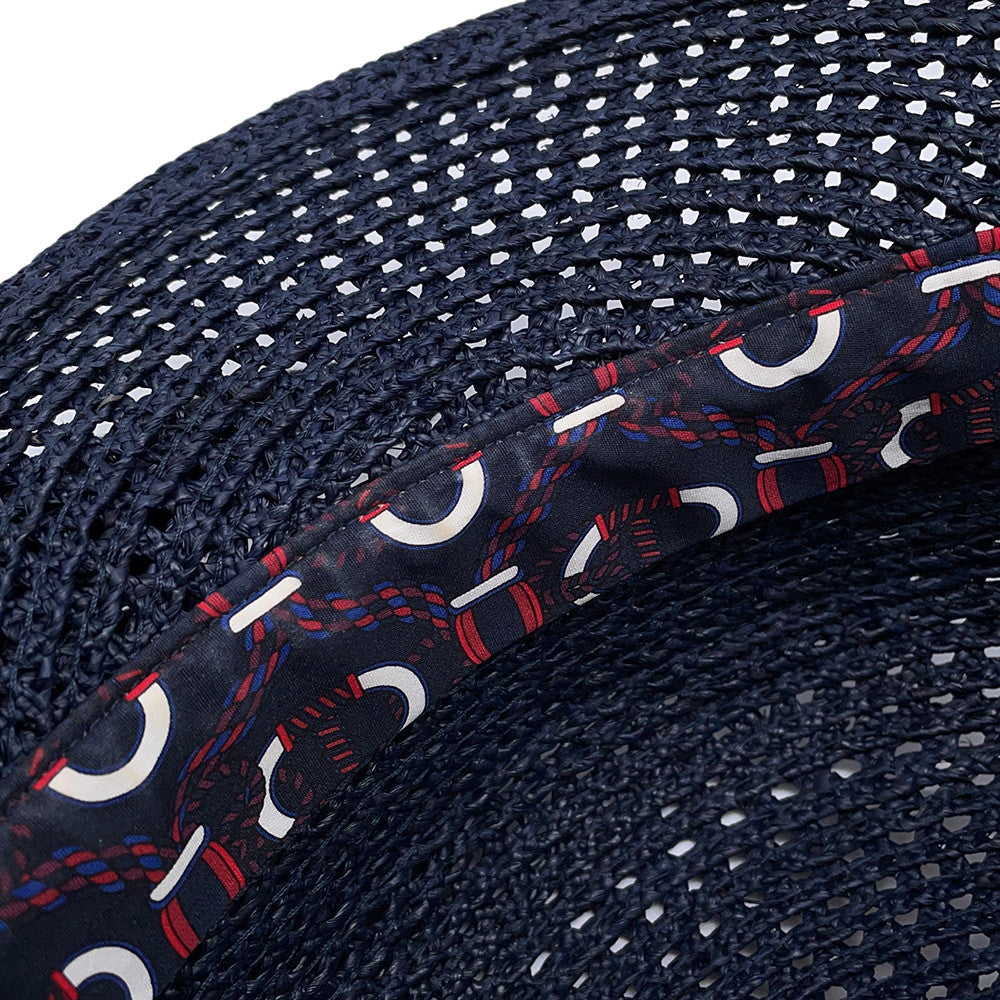 HERMES Side Serie Button Cap Size 58 Navy Raffia