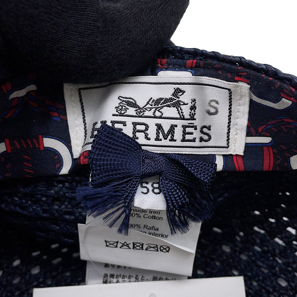 HERMES Side Serie Button Cap Size 58 Navy Raffia