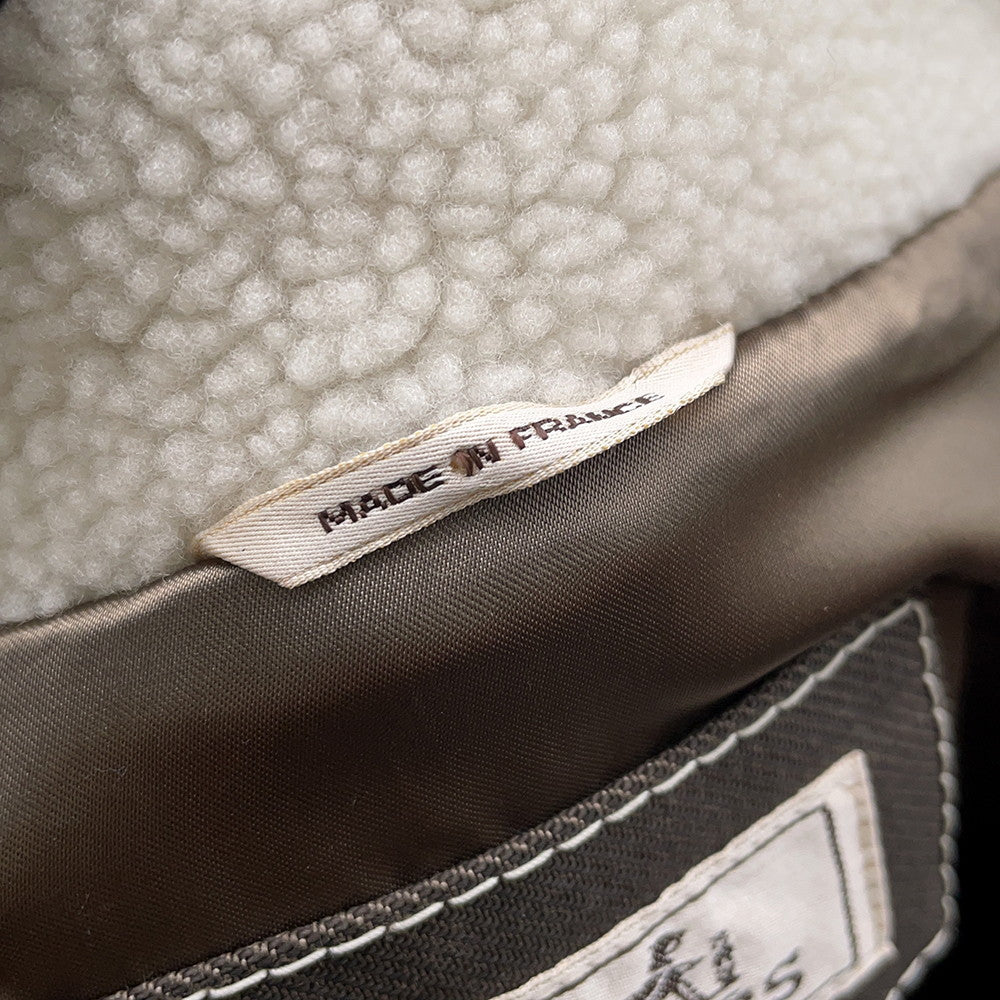 HERMES Mouton Boa Zip-Up Jacket Size 46 Ivory/Khaki Polyamide Cotton