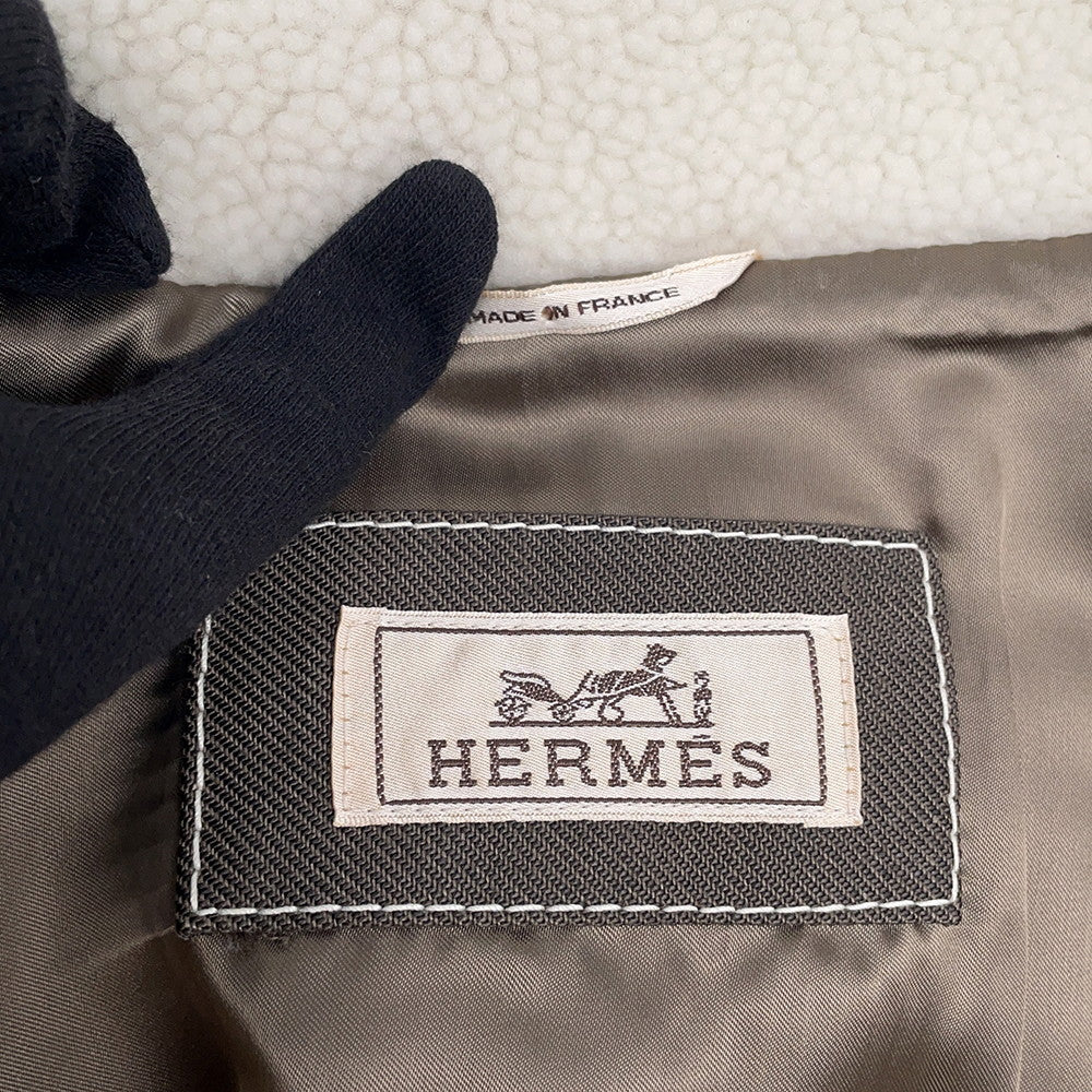 HERMES Mouton Boa Zip-Up Jacket Size 46 Ivory/Khaki Polyamide Cotton