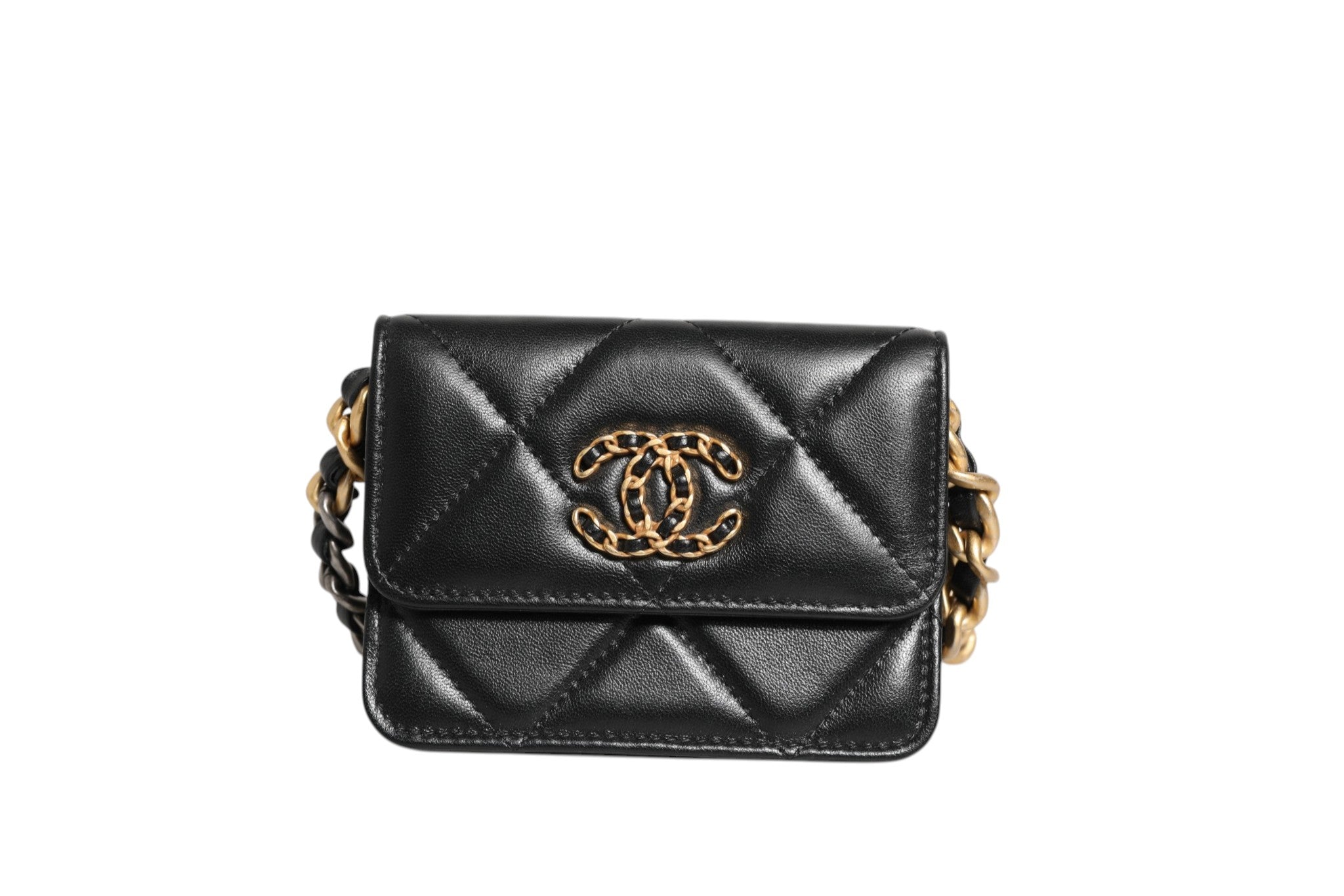 Chanel Chanel 19 Flap Coin Purse Quilted Leather Black Women's Crossbody ( )