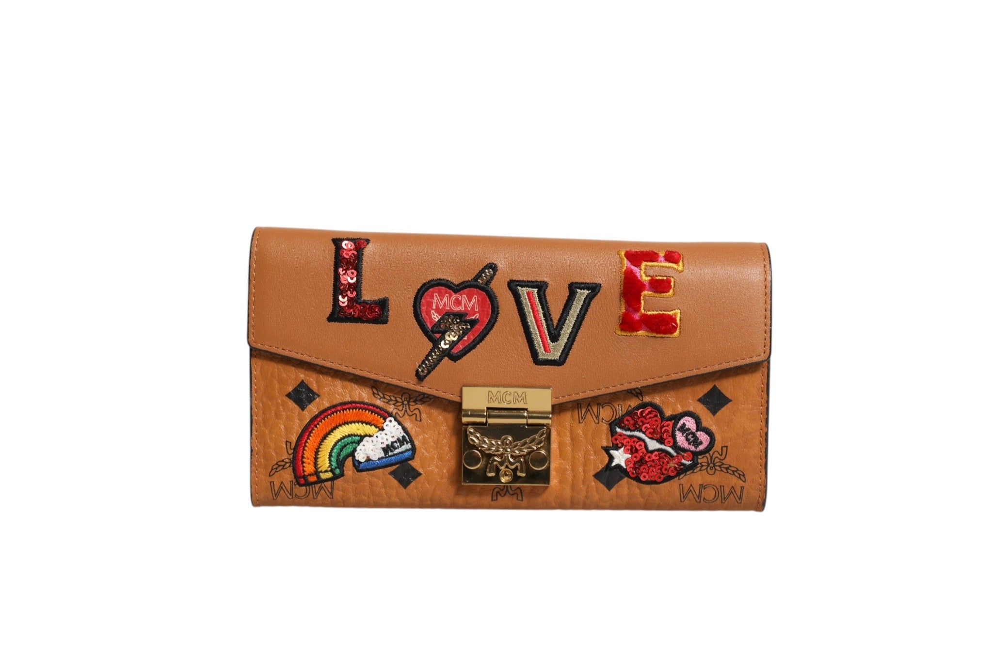 MCM Cognac Brown Coated Canvas Visetos Patricia Love Patch Women's Wallet-on-chain ( )