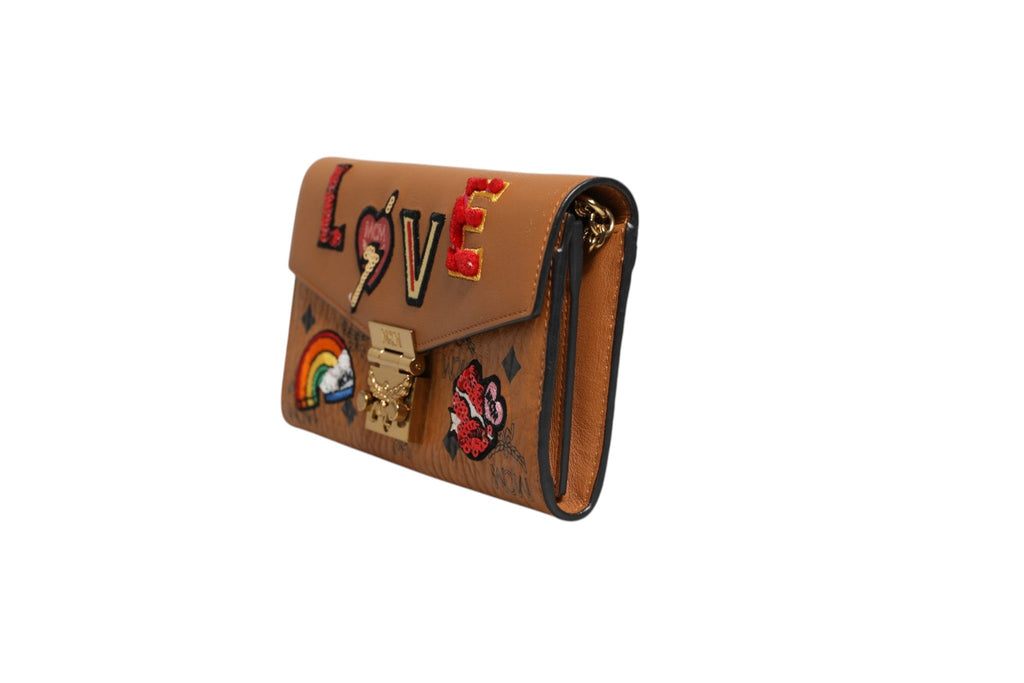 MCM Cognac Brown Coated Canvas Visetos Patricia Love Patch Women's Wallet-on-chain ( )