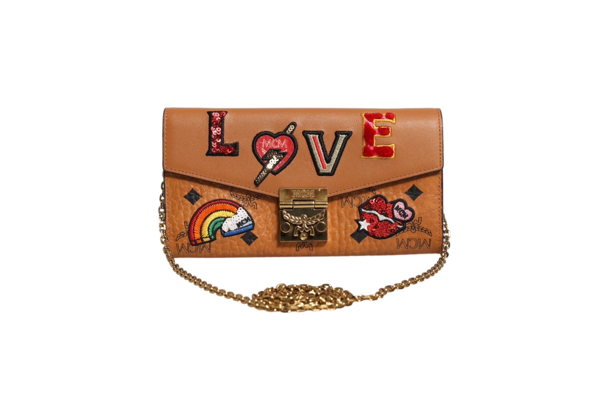 MCM Cognac Brown Coated Canvas Visetos Patricia Love Patch Women's Wallet-on-chain ( )