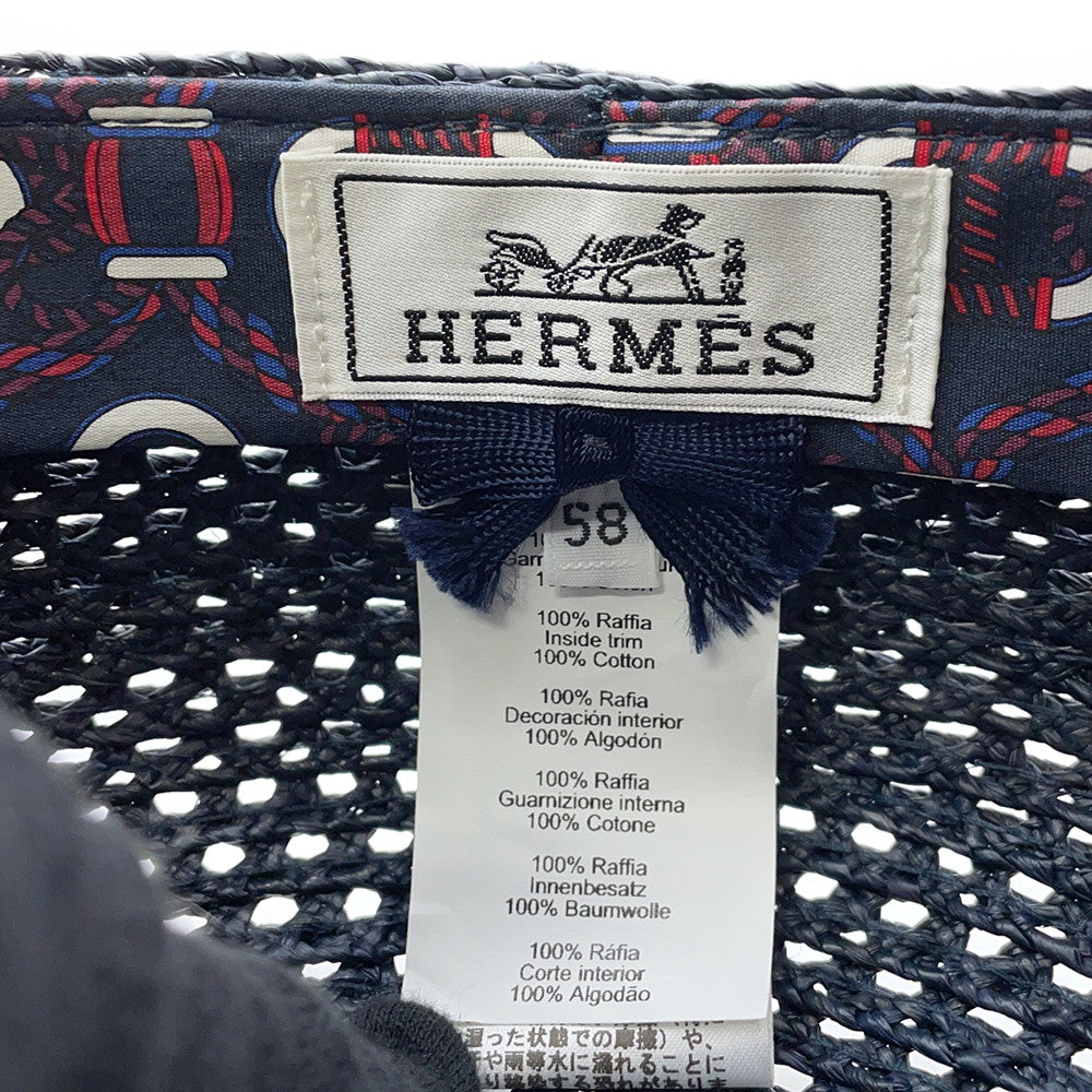 HERMES Cap Garate Serie Button Size 58 Navy Raffia100%