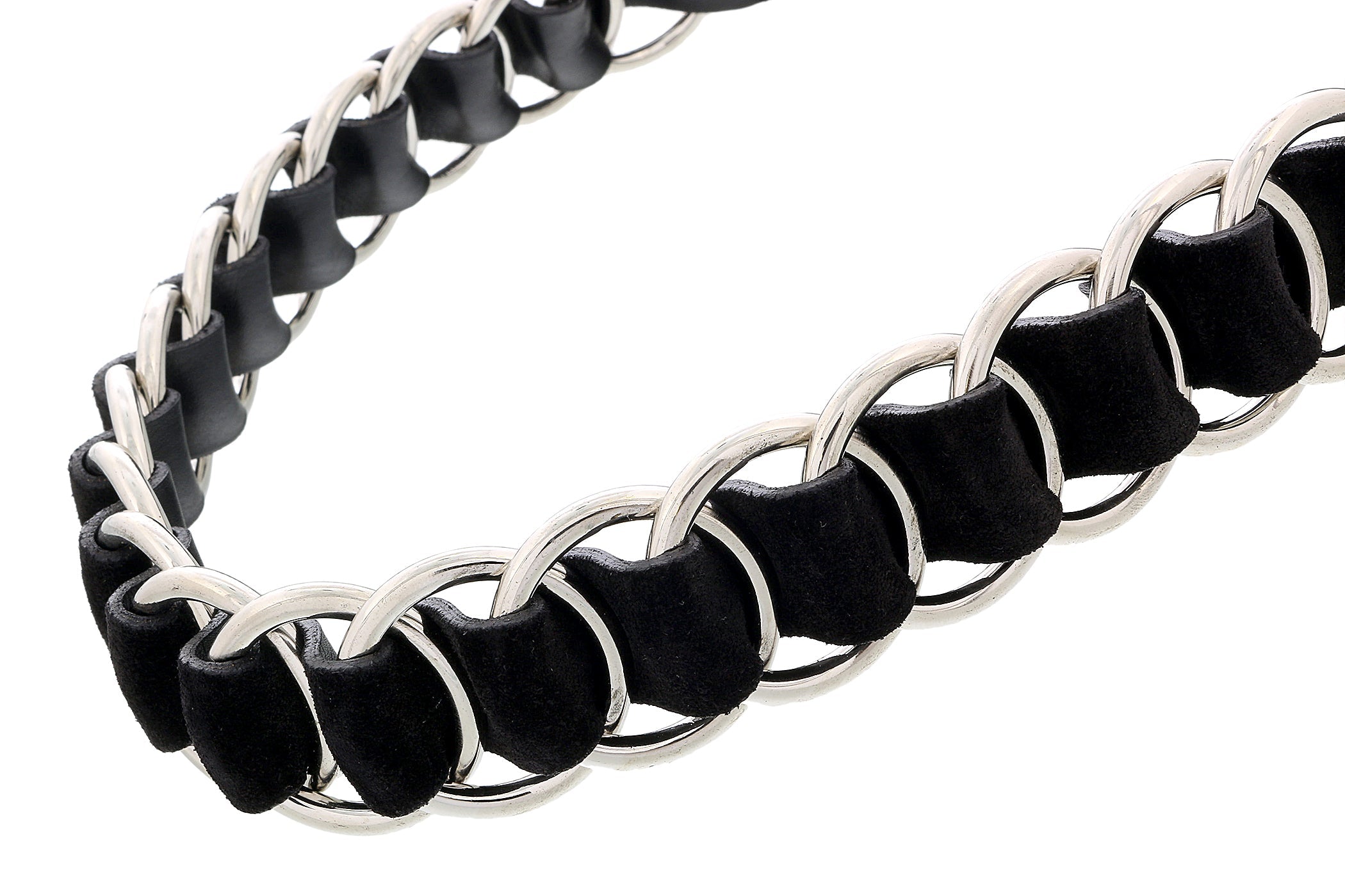 Miu Miu Black/Silver Leather Woven Silver Chain Choker Necklace-One Size