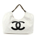 Denim Calfskin Quilted Coco Beach Small Shopping Tote White Black