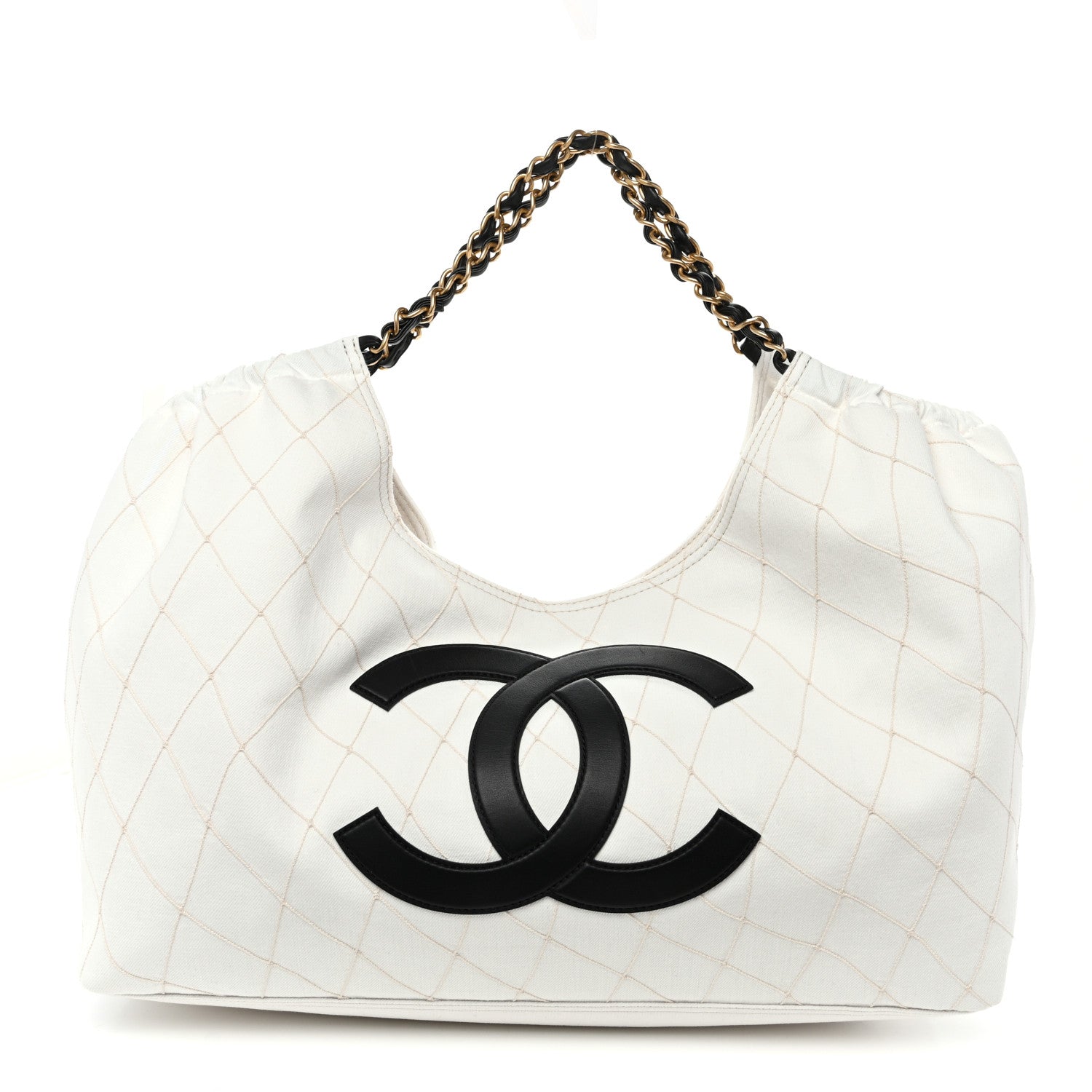 Denim Calfskin Quilted Coco Beach Small Shopping Tote White Black