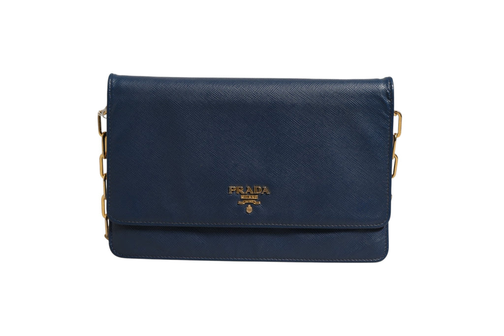 Prada Blue Saffiano Leather Wallet on Chain Clutch Women's Bag ( )