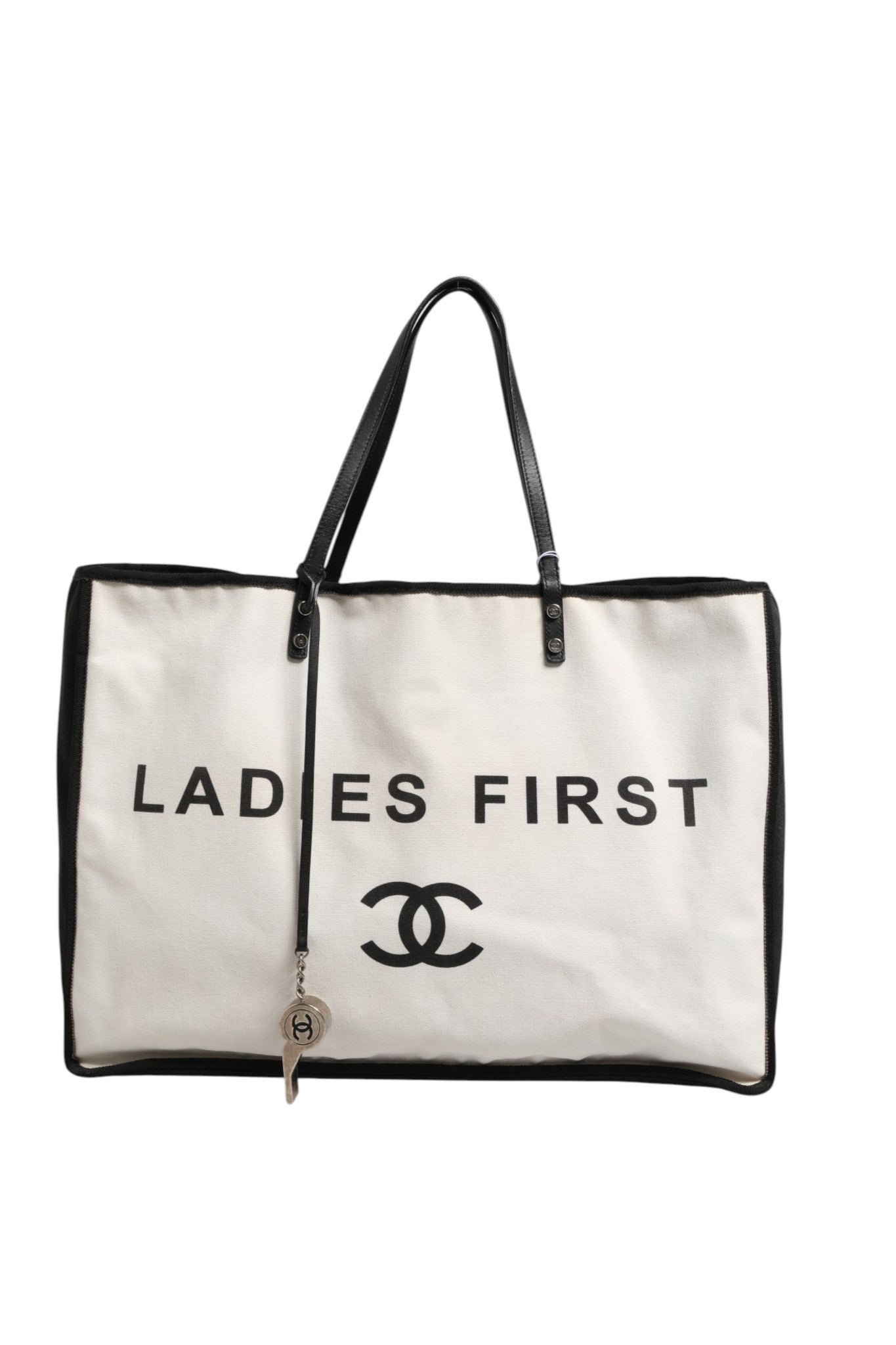 Chanel Ladies First White and Black Canvas Shopper Tote Women's Bag ( )