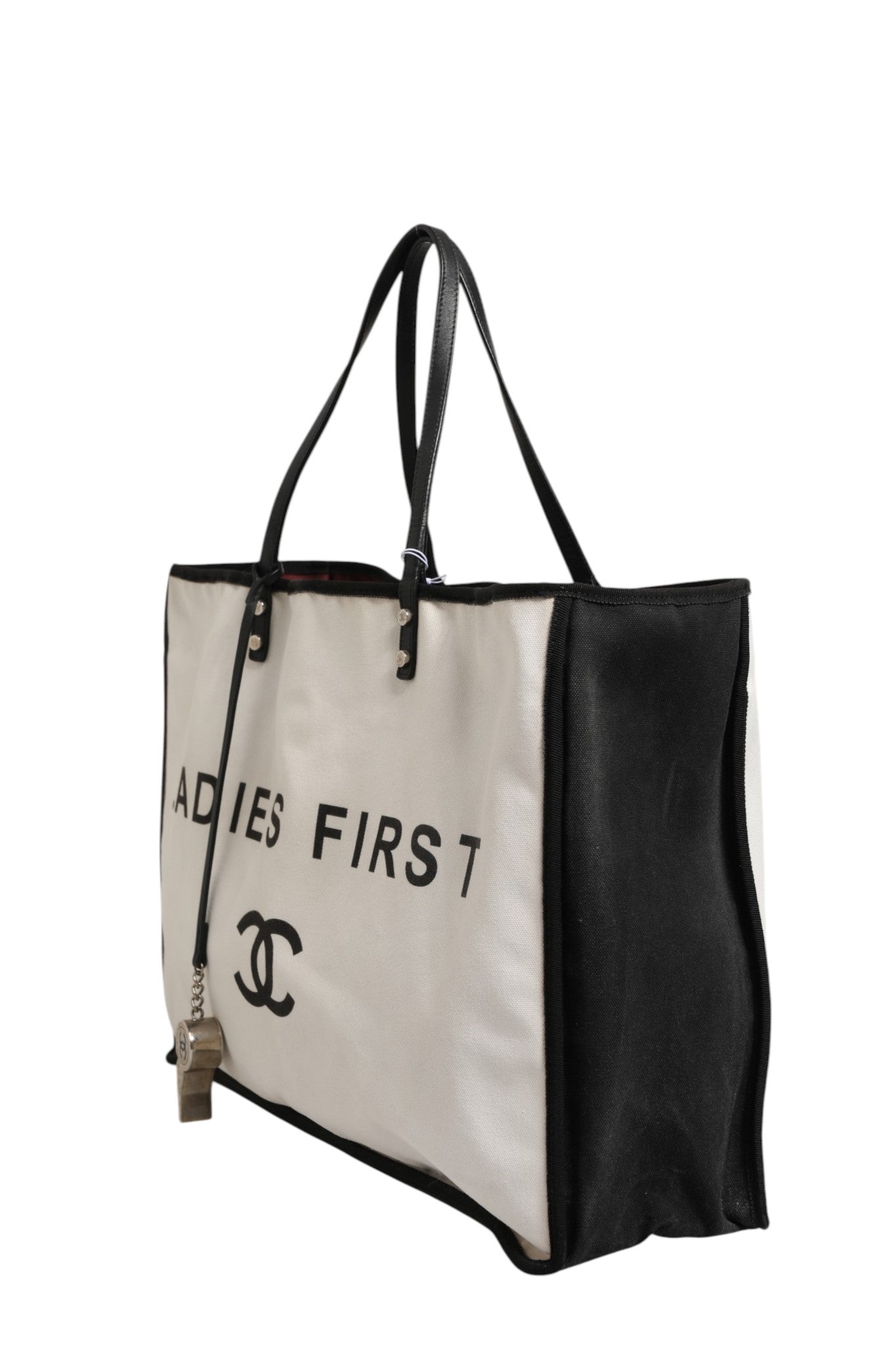 Chanel Ladies First White and Black Canvas Shopper Tote Women's Bag ( )