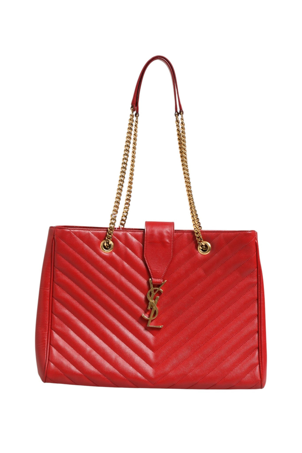 Saint Laurent Red Chevron Quilted Grained Leather Monogram Tote Women's Bag ( )