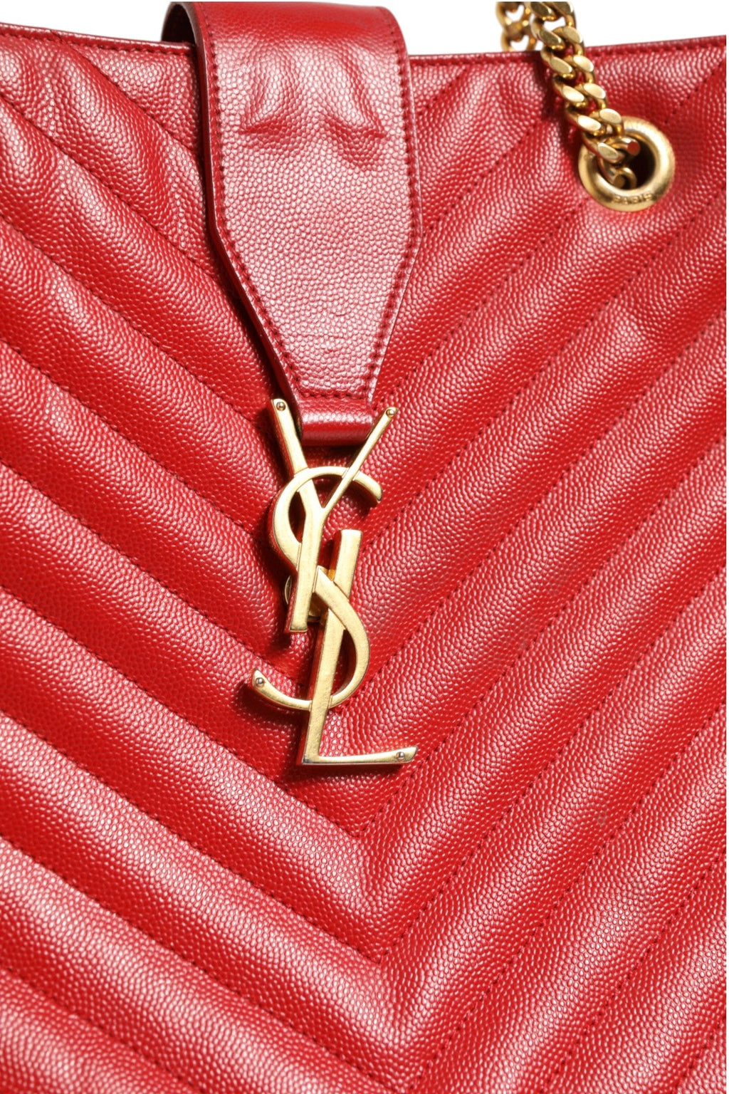 Saint Laurent Red Chevron Quilted Grained Leather Monogram Tote Women's Bag ( )
