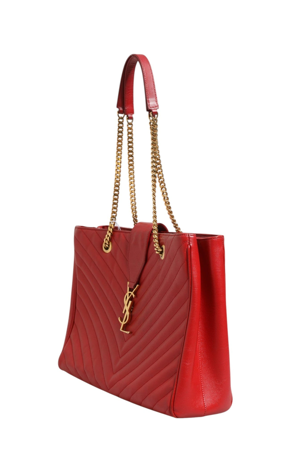Saint Laurent Red Chevron Quilted Grained Leather Monogram Tote Women's Bag ( )