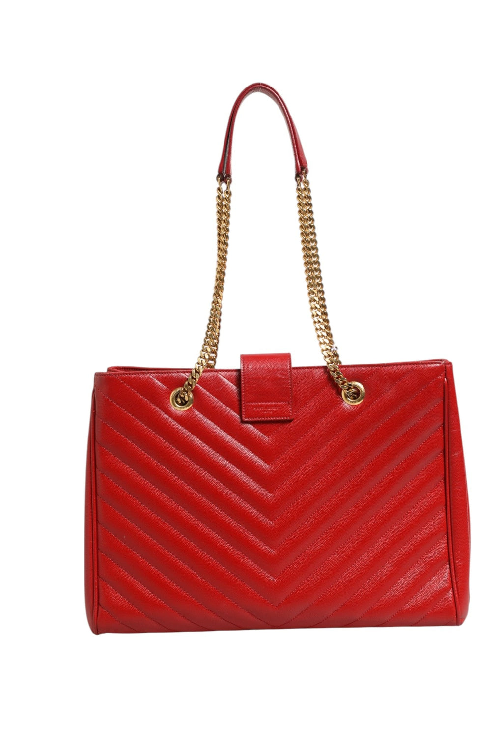 Saint Laurent Red Chevron Quilted Grained Leather Monogram Tote Women's Bag ( )