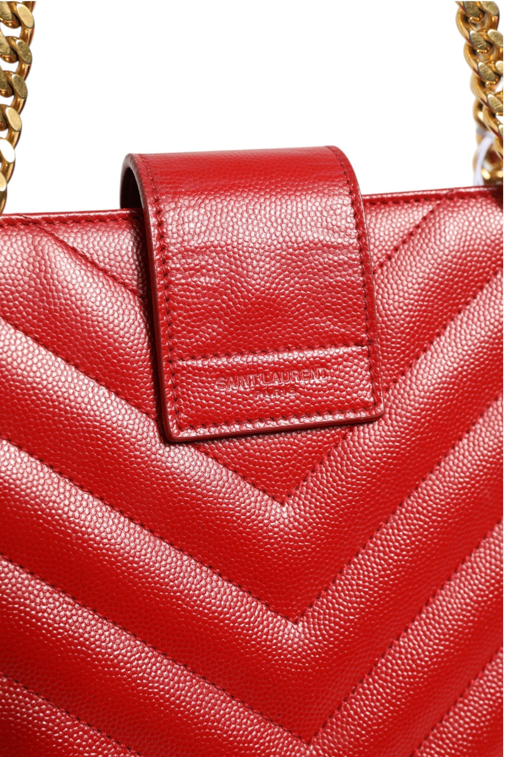 Saint Laurent Red Chevron Quilted Grained Leather Monogram Tote Women's Bag ( )