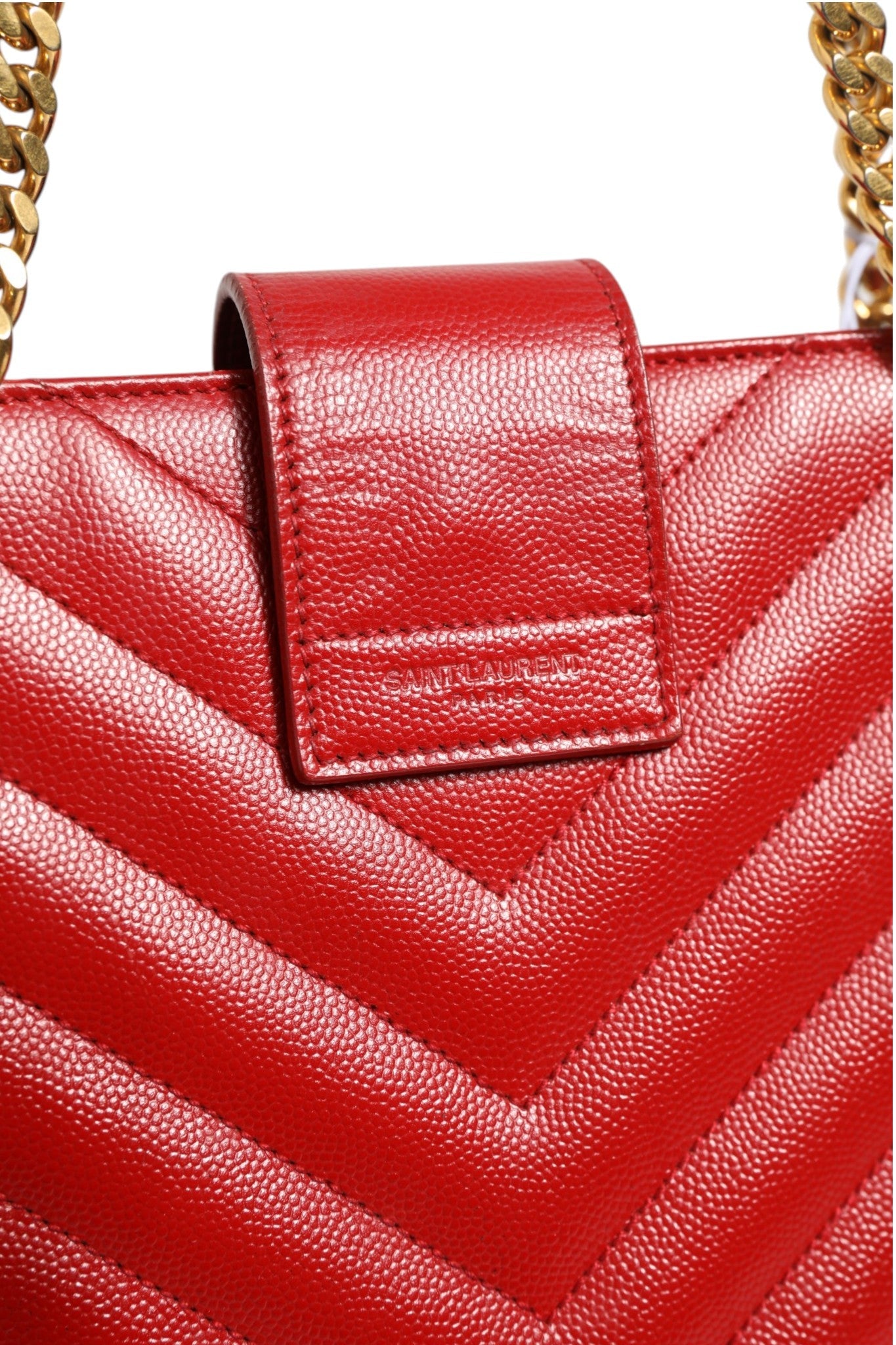 Saint Laurent Red Chevron Quilted Grained Leather Monogram Tote Women's Bag ( )