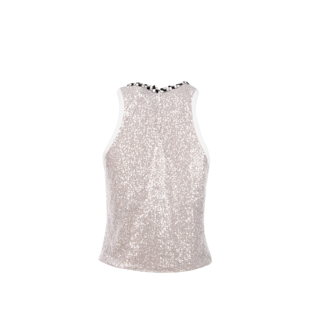 Chanel Size 36 23C Short U-Neck Plain Logo Cropped Tank Polyester/Elastane Silver/White/Black