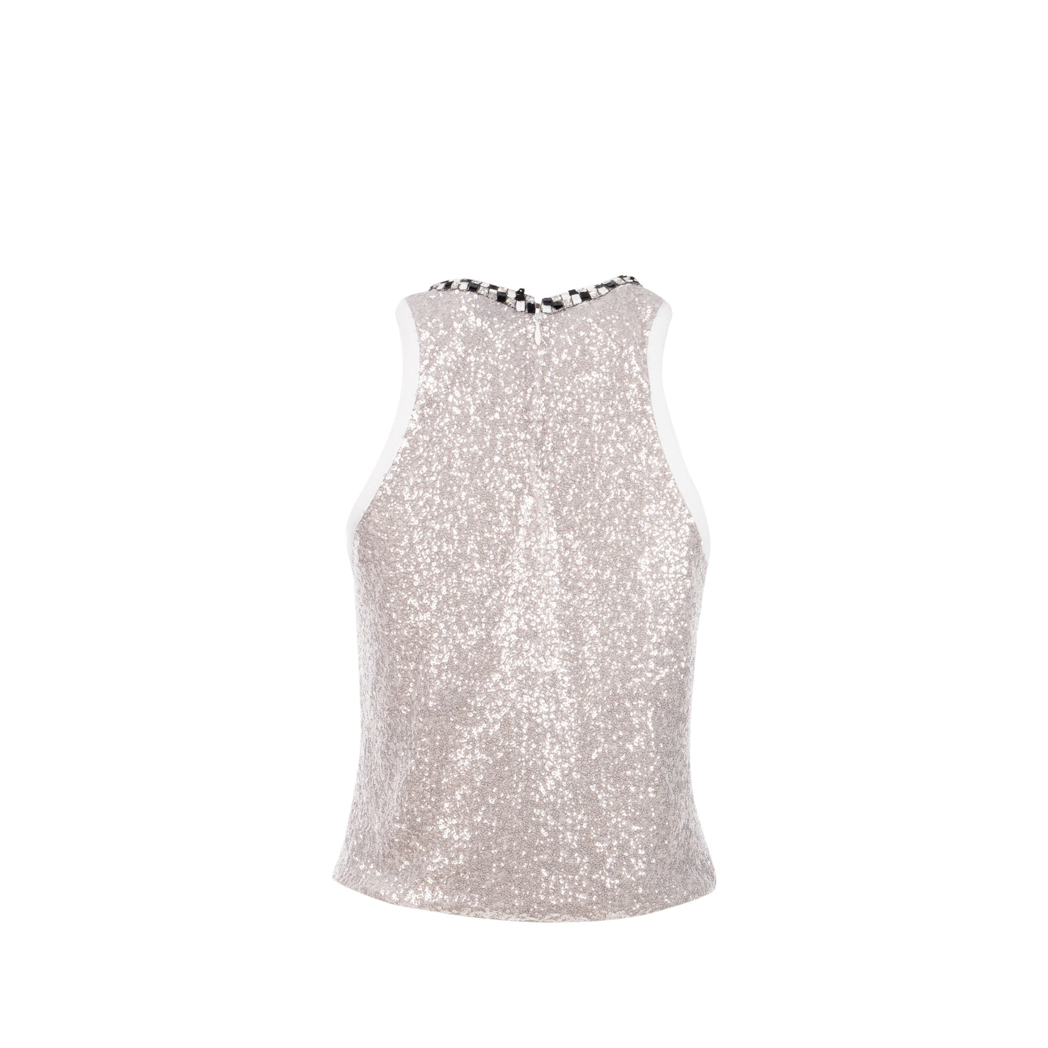 Chanel Size 36 23C Short U-Neck Plain Logo Cropped Tank Polyester/Elastane Silver/White/Black