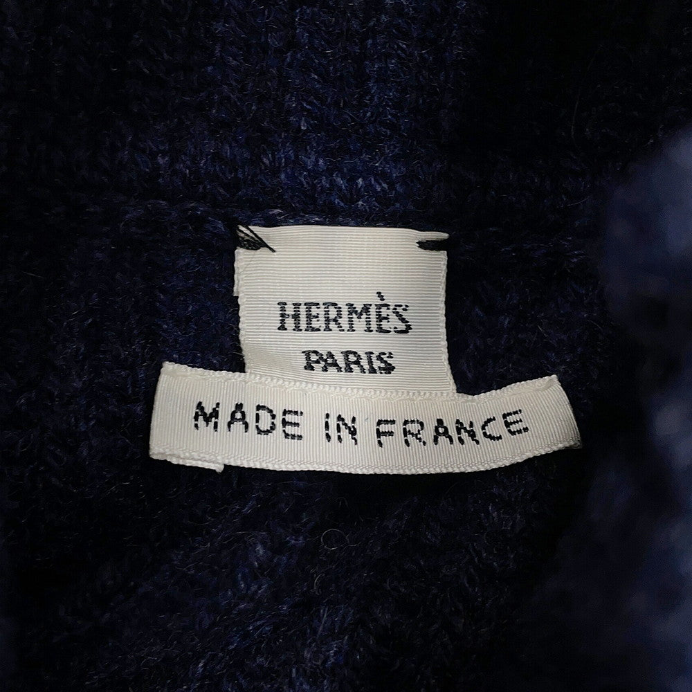 HERMES Horse Ribbon Twill High-Neck Knit Size 34 Navy Silk100% Cashmere99% Nylon1%