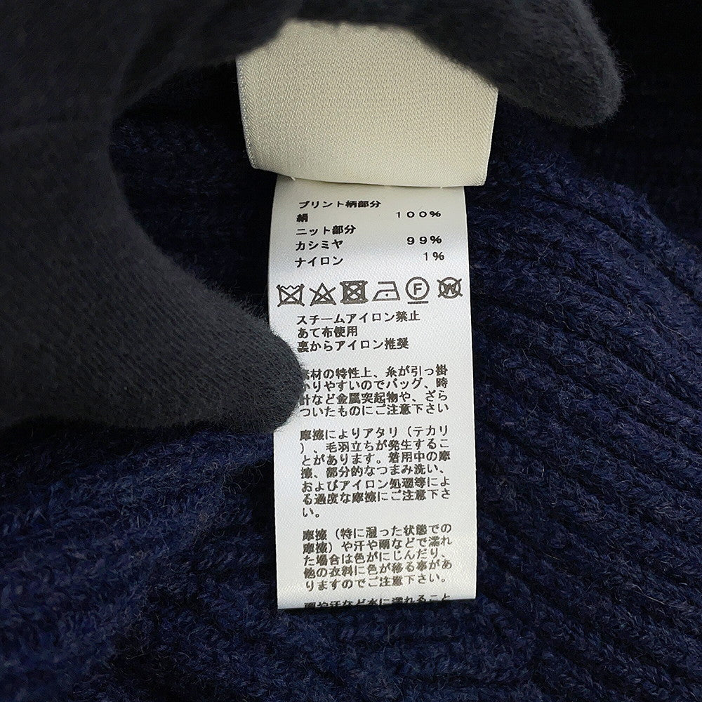 HERMES Horse Ribbon Twill High-Neck Knit Size 34 Navy Silk100% Cashmere99% Nylon1%