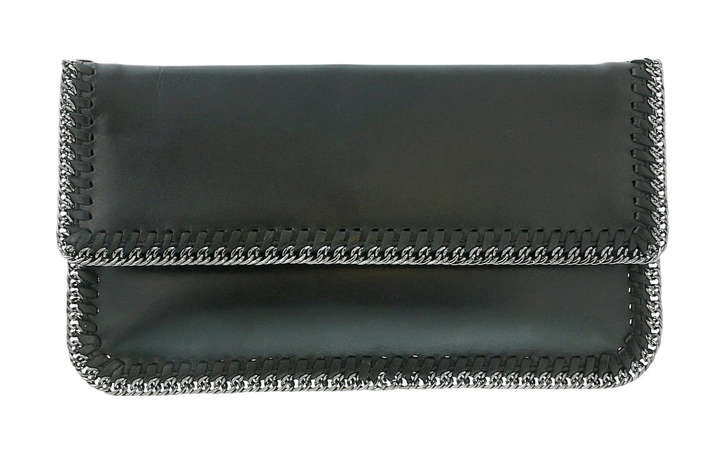 Pierre Cardin Black Leather Medium Enveloppe Curb Chain Embelished Clutch