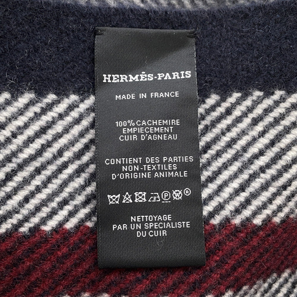 HERMES Cashmere Scarf (Tartan Pocket, Cuir, Applique) Gray/Marine/RougeHH259150S Cashmere100%
