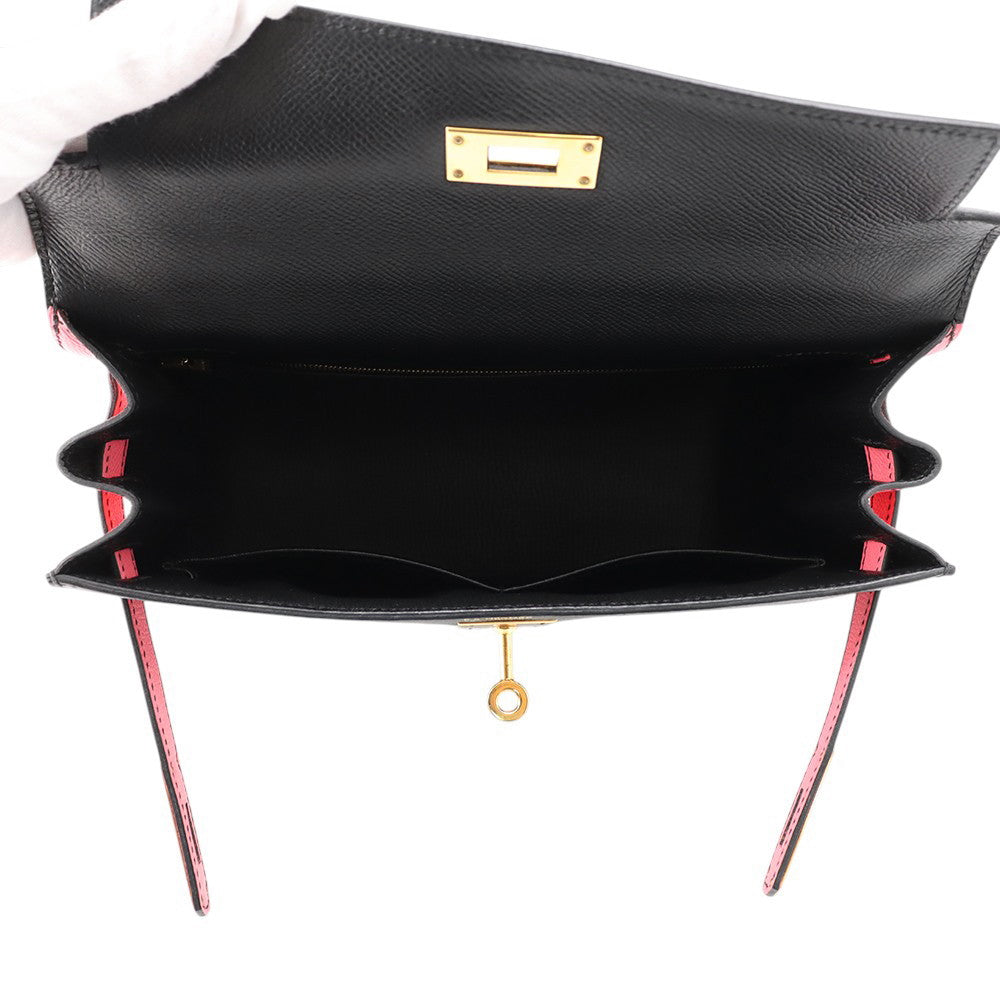 HERMES Kelly Sellier Rose Azalee/Black Epsom Size 28