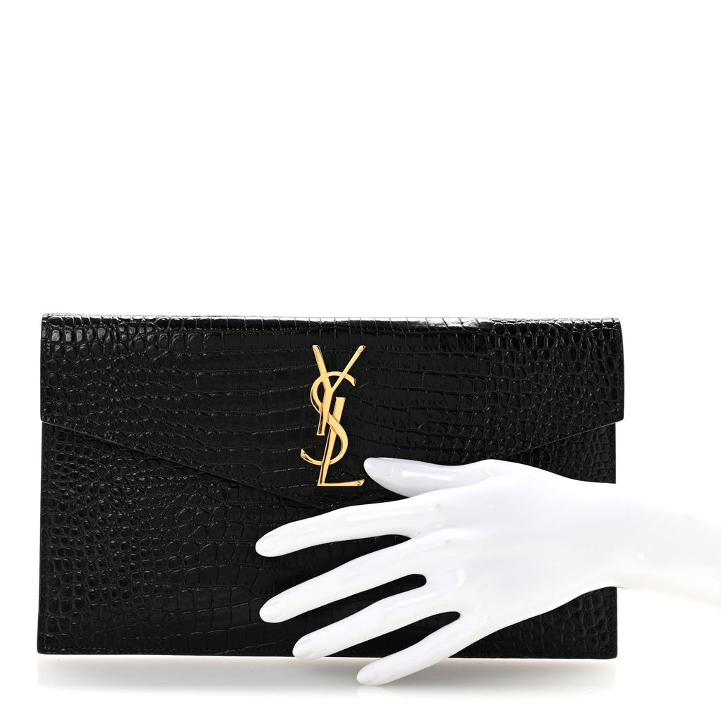 Calfskin Crocodile Embossed Uptown Monogram Clutch Black
