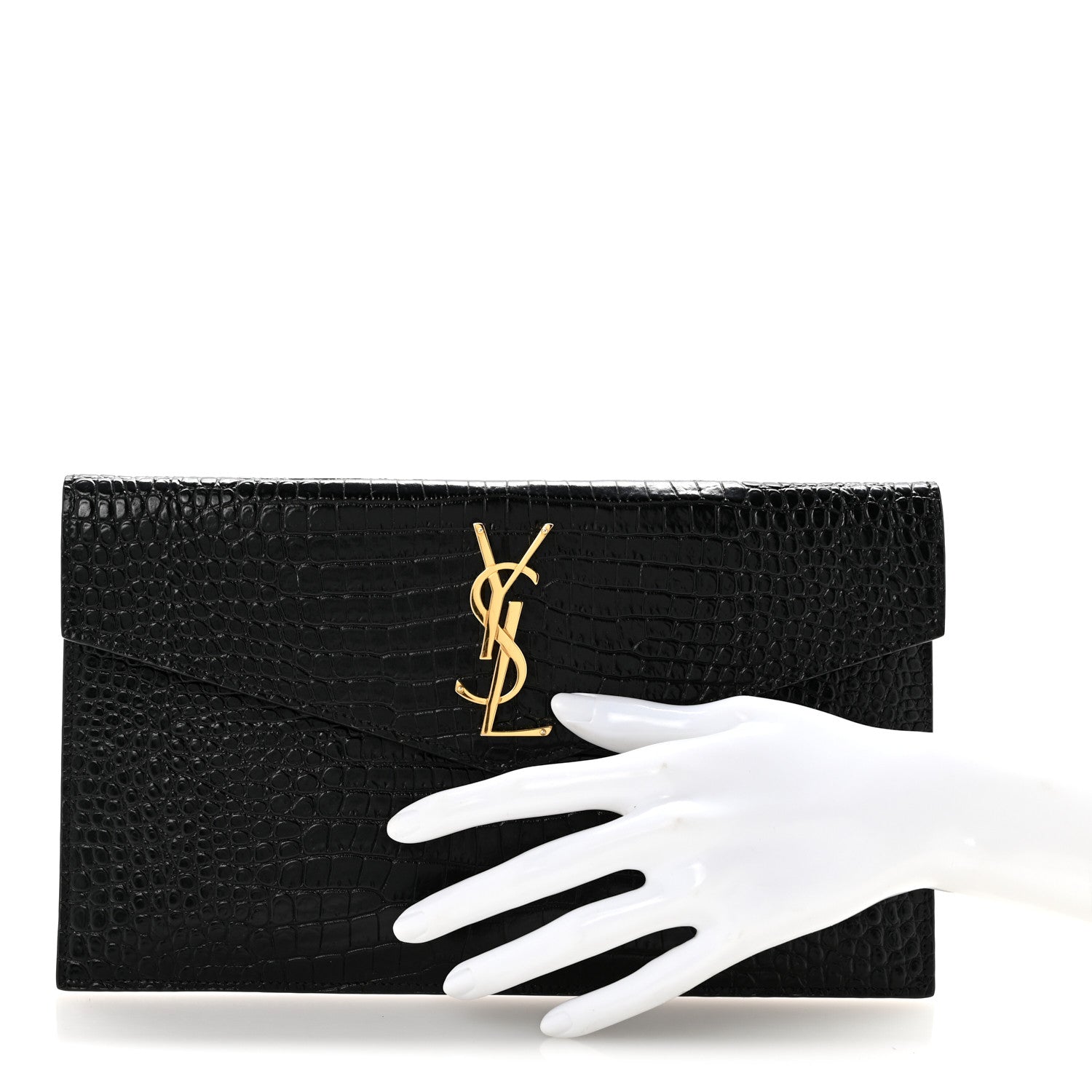 Calfskin Crocodile Embossed Uptown Monogram Clutch Black