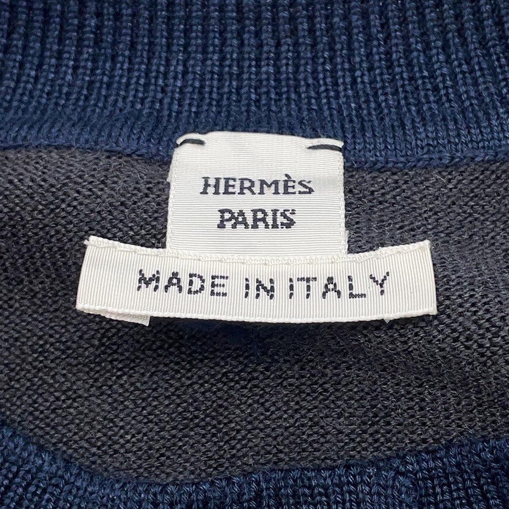 HERMES Cardigan HARNAIS DE COUR Size 40 Gray/Navy Cashmere50% Silk50%